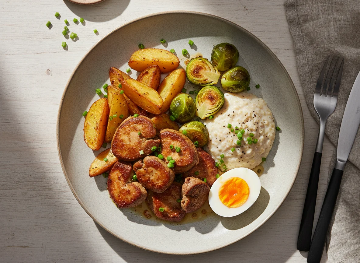 Gebratenes Hähnchenleber mit Kartoffeln, Rosenkohl, Ei und Haferbrei photo