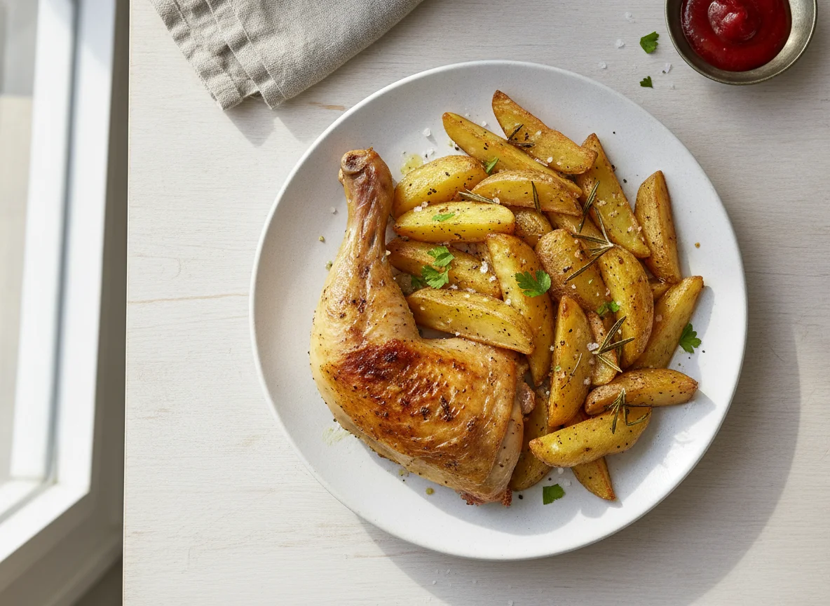 Gebratenes Hähnchenschenkel mit Kartoffelspalten photo