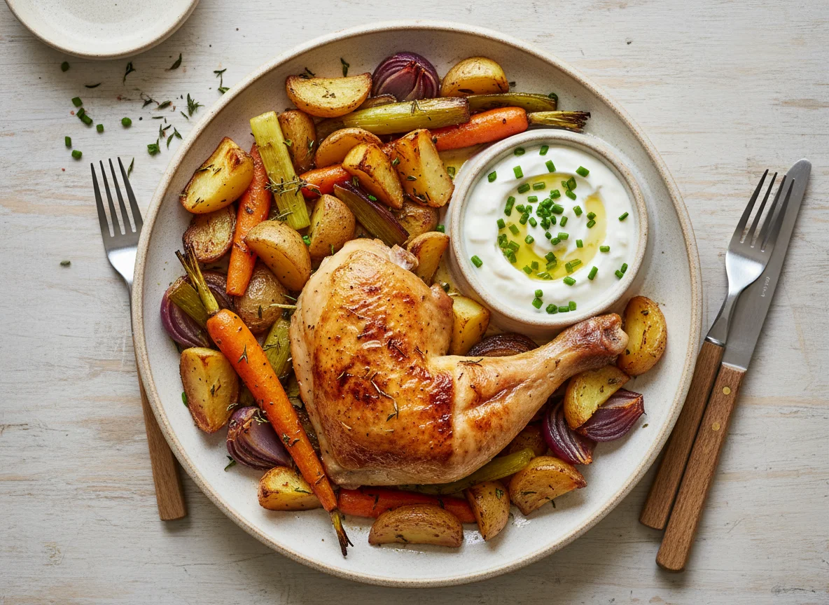 Gebratenes Huhn mit Wurzelgemüse und Joghurt-Dip photo