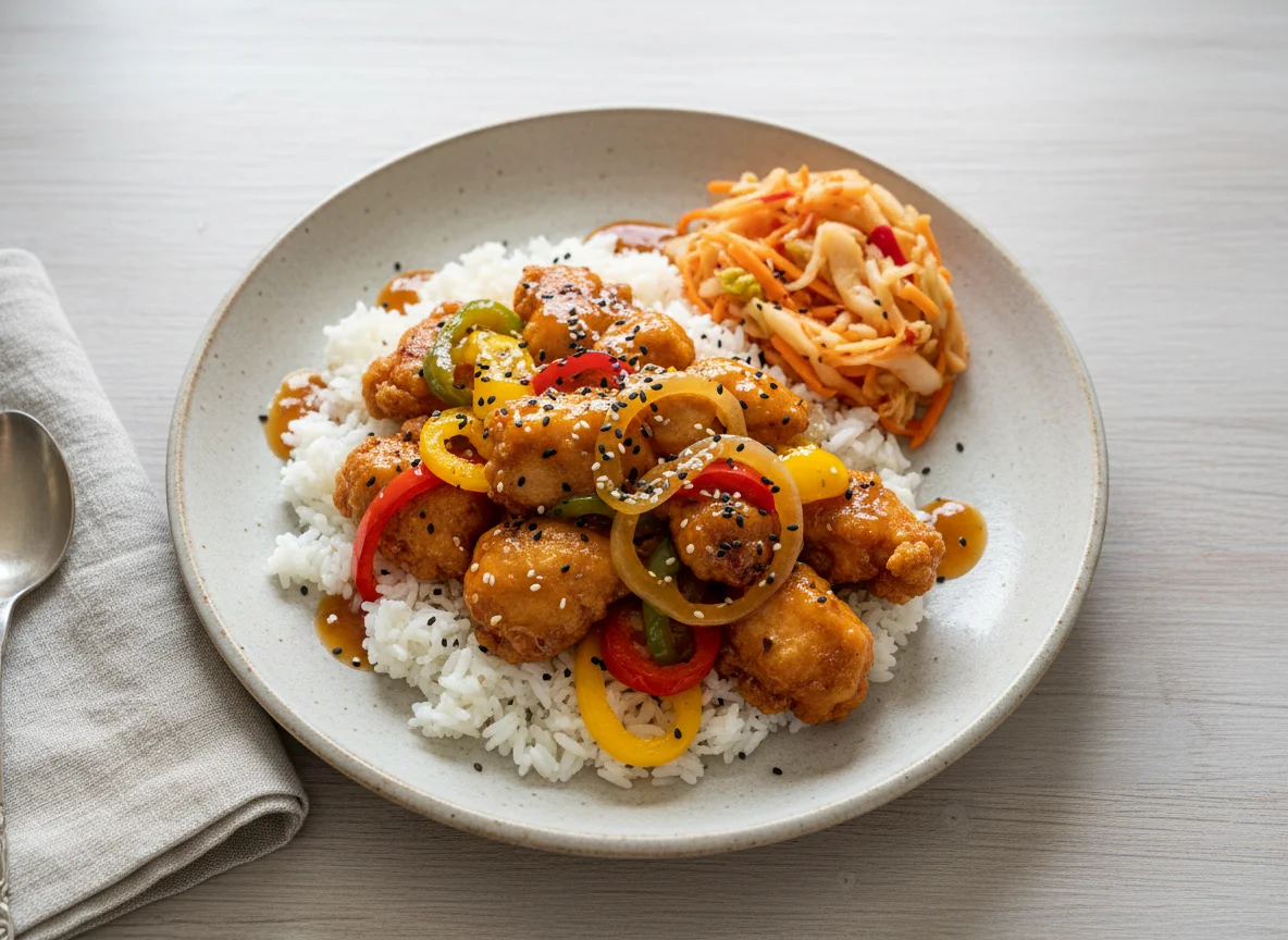 Gebratenes Hühnchen mit Paprika und Reis photo