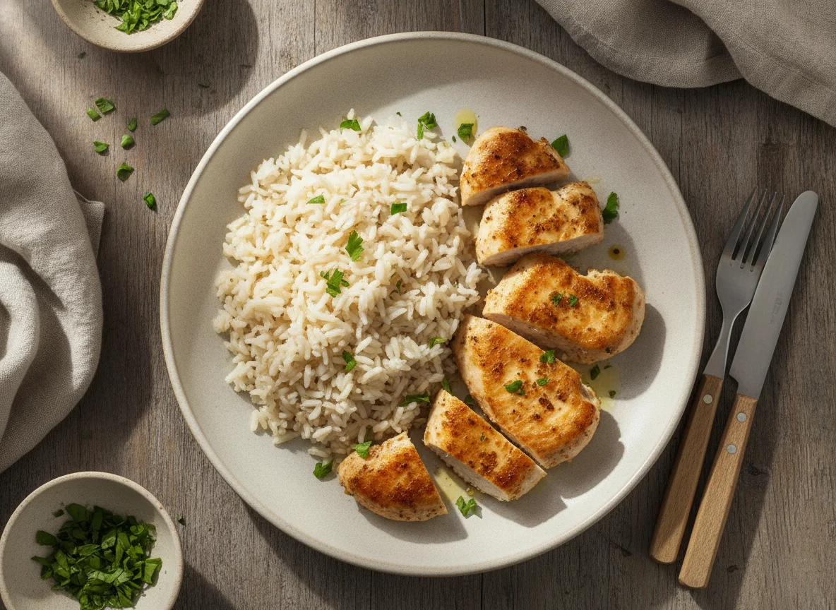 Gebratenes Hühnerfilet mit Reis photo