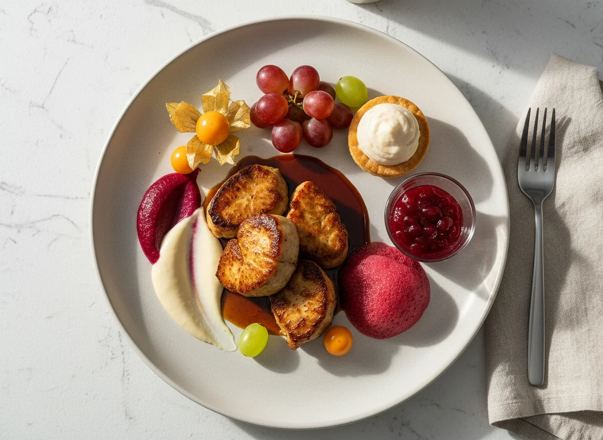 Gebratenes Kalbsbries mit Sauce und Beilagen photo