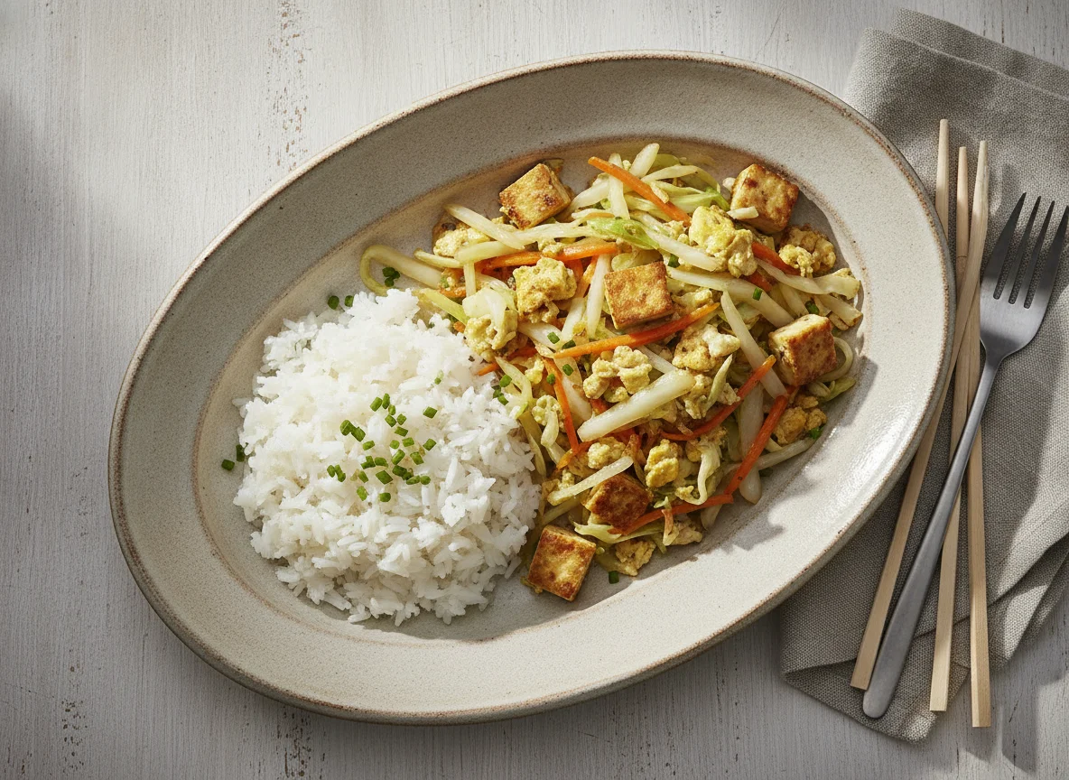 Gebratenes Kraut mit Karotten, Ei und Tofu photo