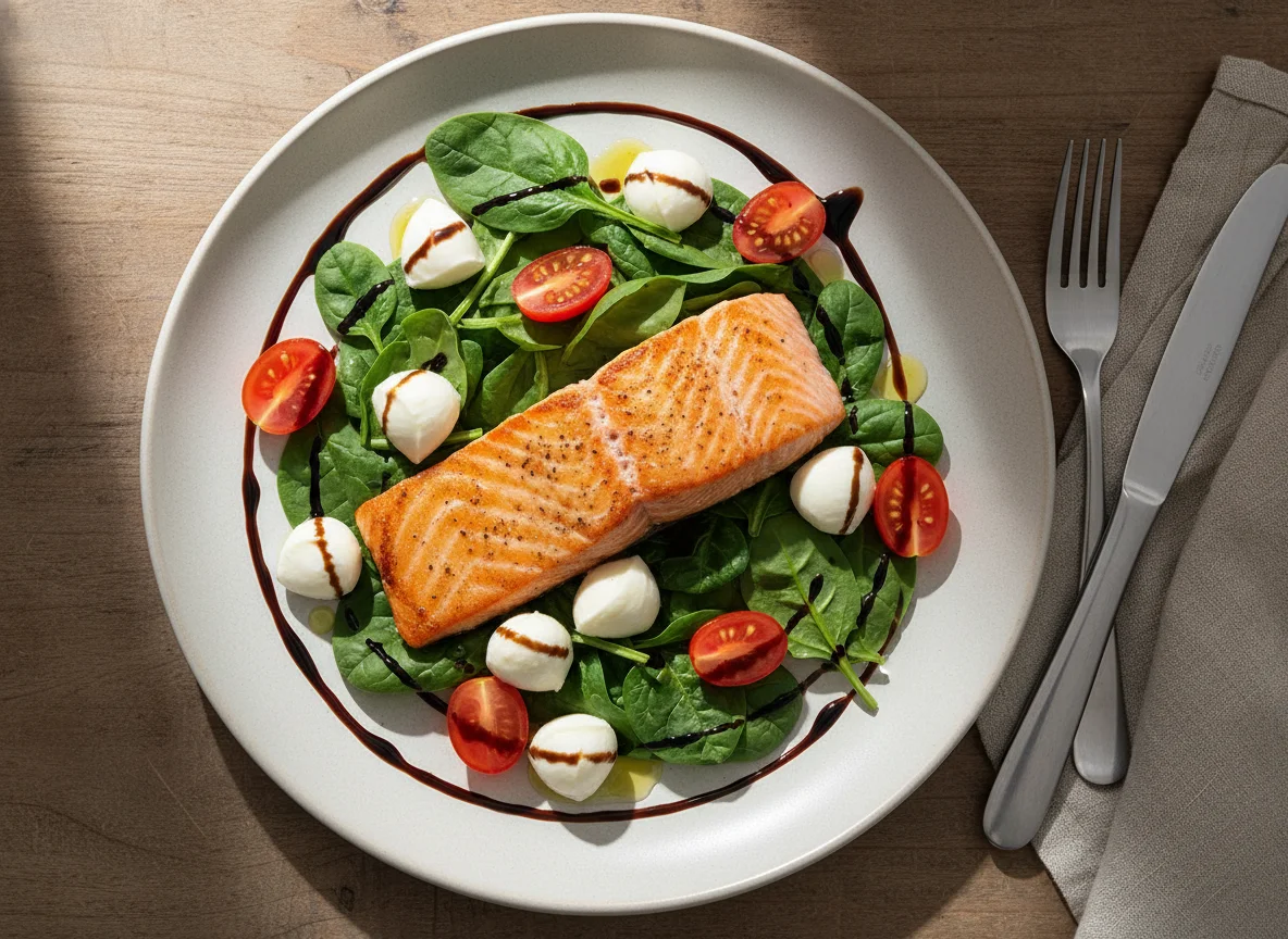 Gebratenes Lachsfilet auf Blattspinat mit Mozzarella-Kugeln und Kirschtomaten photo