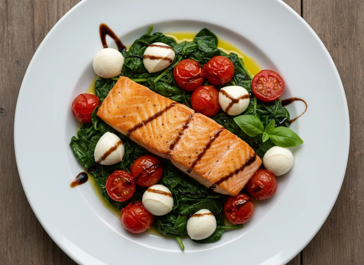 Gebratenes Lachsfilet auf Blattspinat mit Tomate-Mozzarella photo