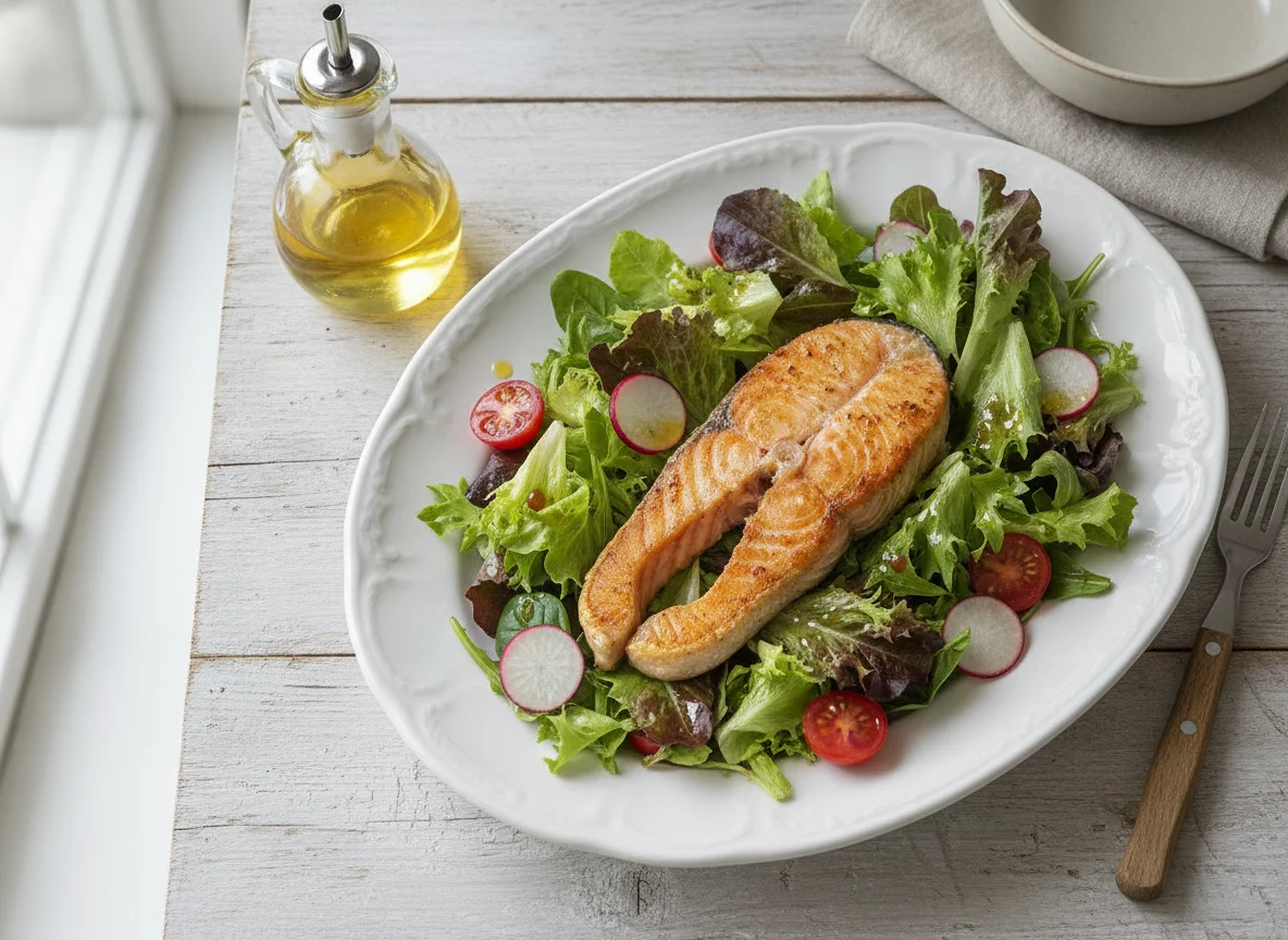 Gebratenes Lachsfilet auf gemischtem Salat photo