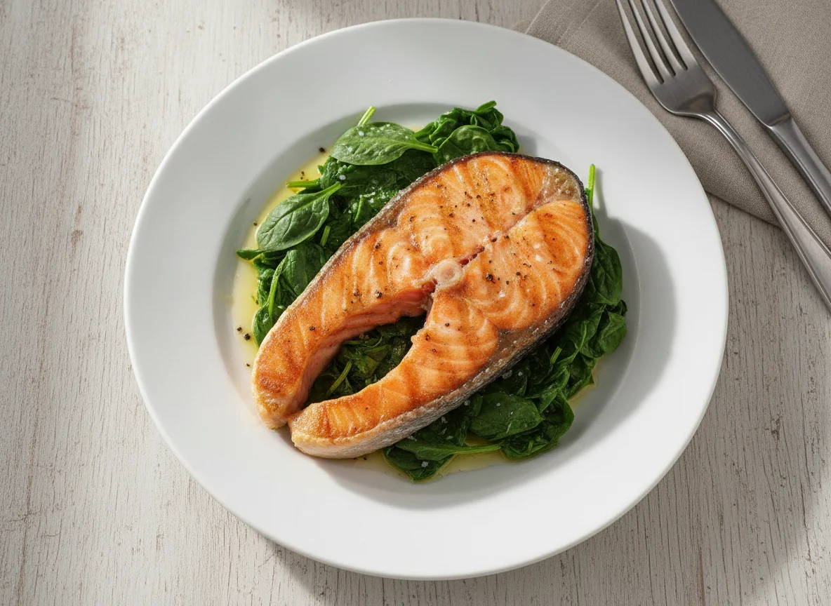Gebratenes Lachsfilet mit Blattspinat photo