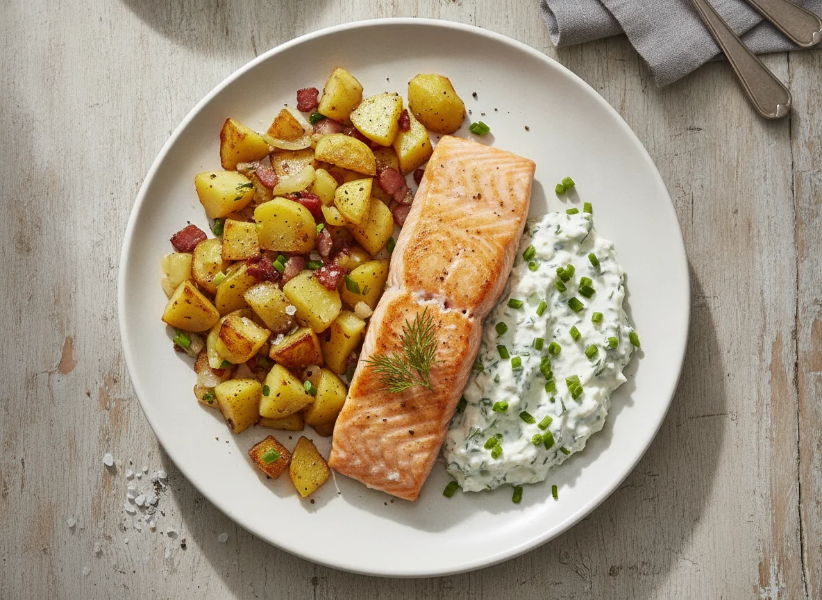 Gebratenes Lachsfilet mit Bratkartoffeln und Kräuterquark photo