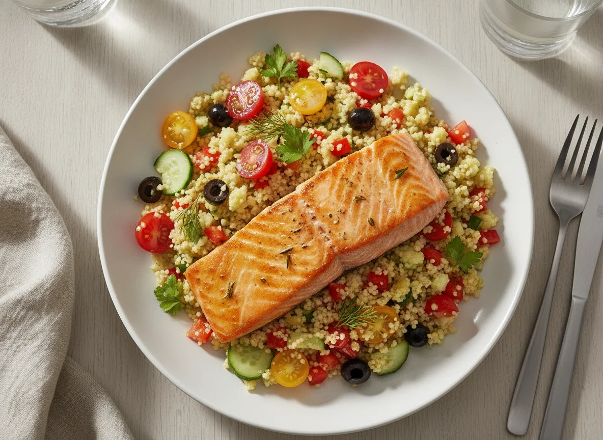 Gebratenes Lachsfilet mit Couscous-Salat photo