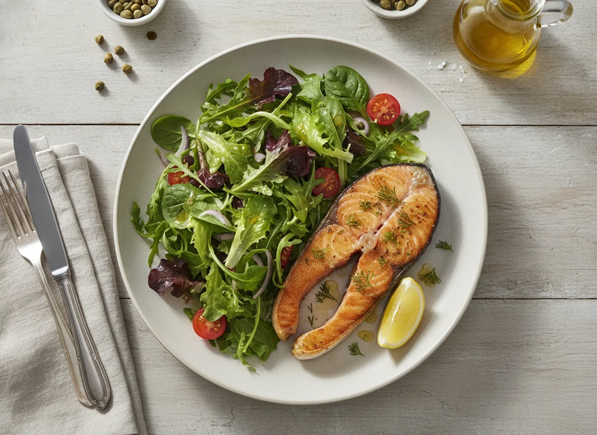 Gebratenes Lachsfilet mit gemischtem Blattsalat photo