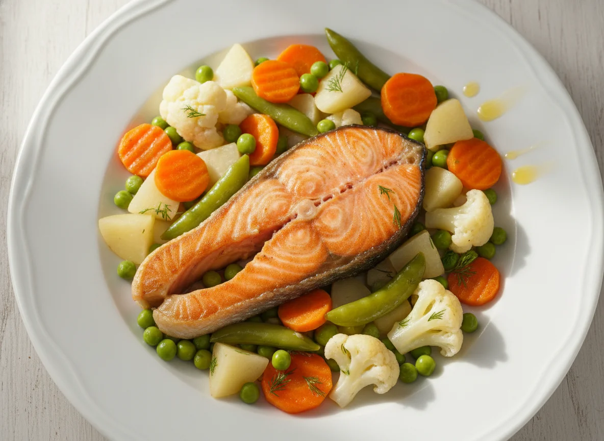 Gebratenes Lachsfilet mit gemischtem Gemüse photo