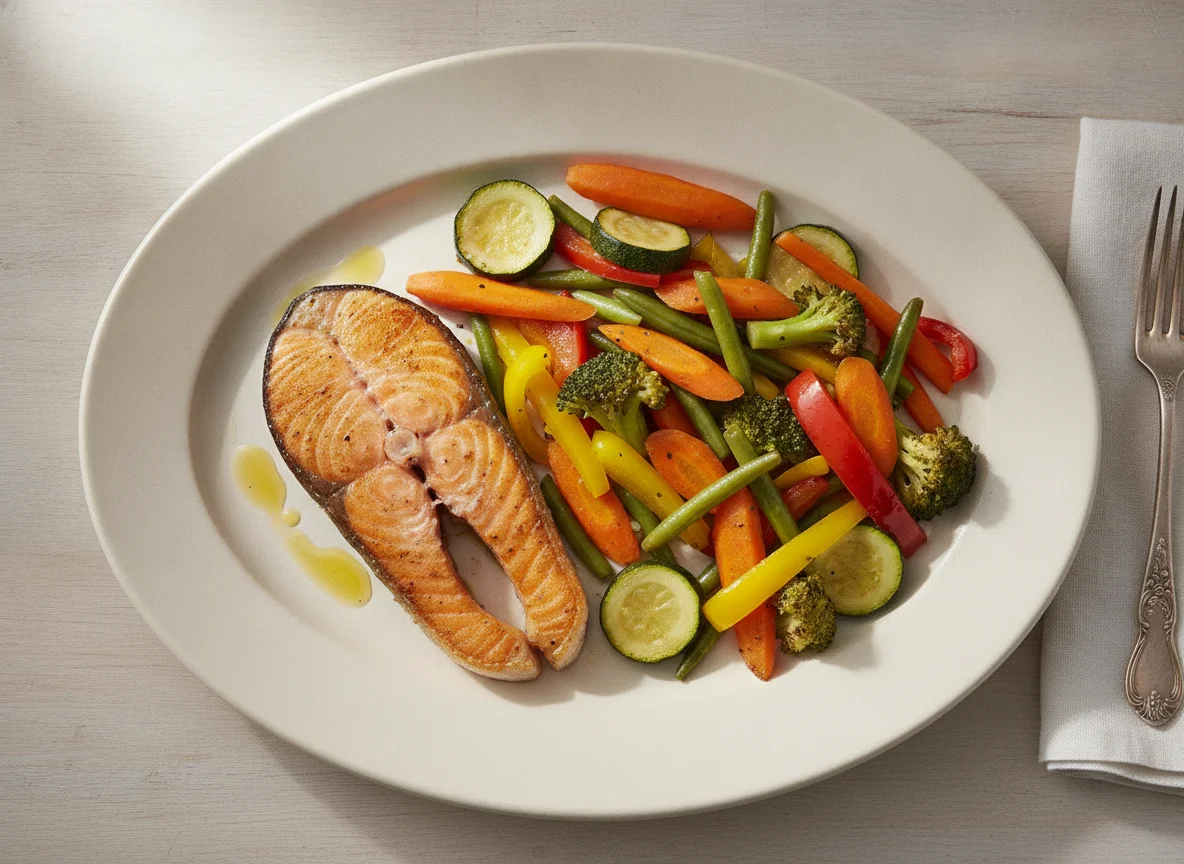 Gebratenes Lachsfilet mit gemischtem Pfannengemüse photo