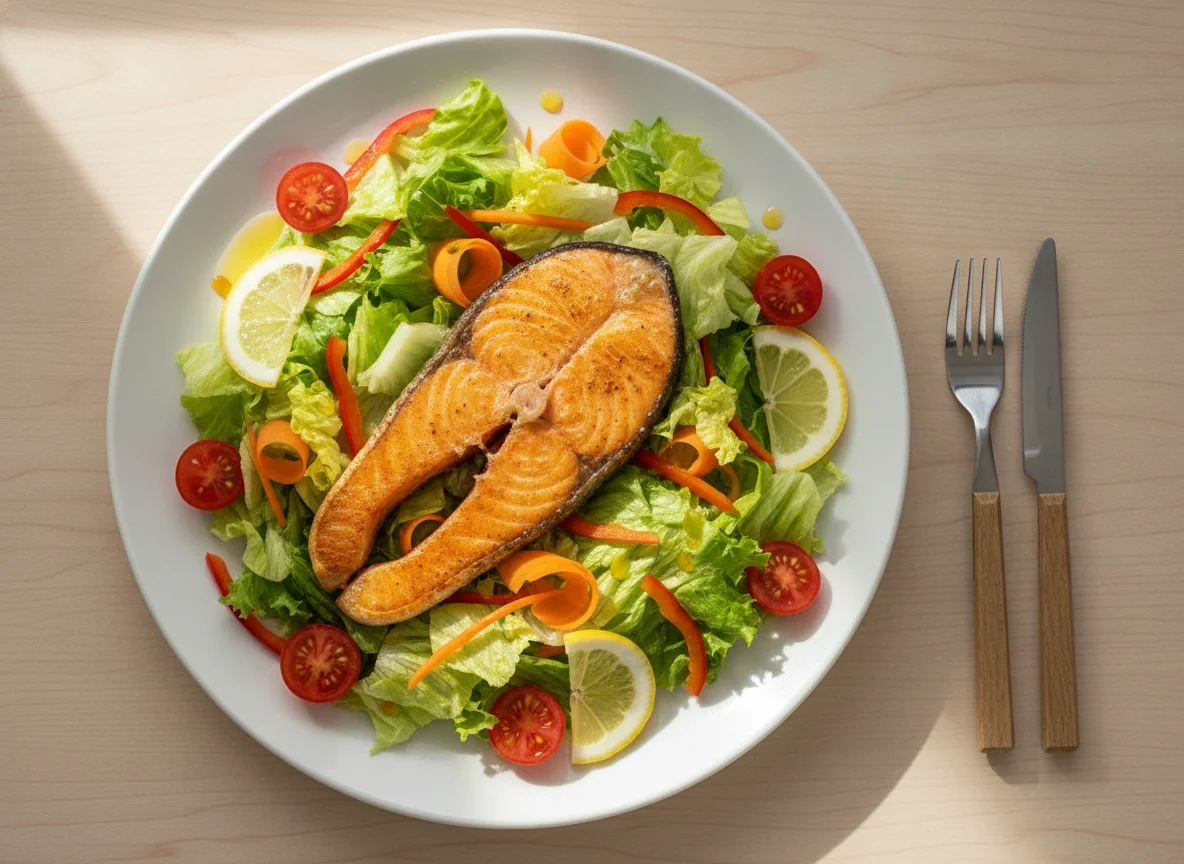 Gebratenes Lachsfilet mit gemischtem Salat photo