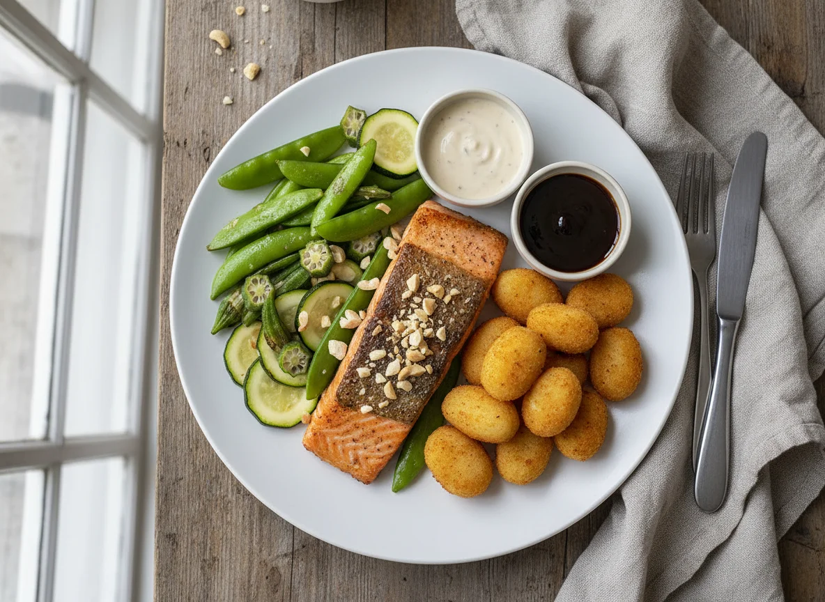Gebratenes Lachsfilet mit Gemüse, Kroketten und Saucen photo