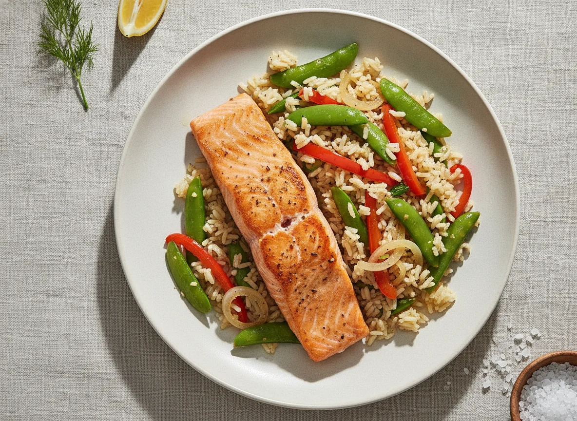 Gebratenes Lachsfilet mit Gemüsereis photo