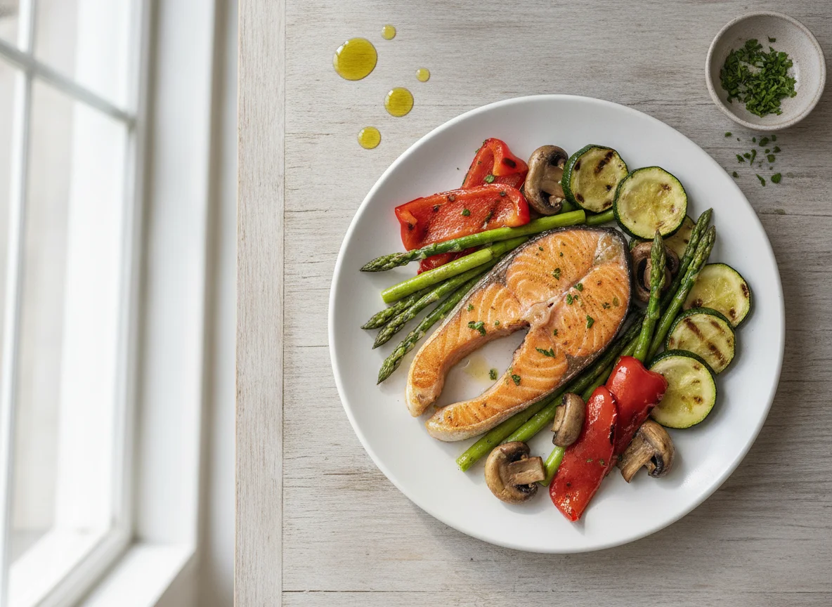 Gebratenes Lachsfilet mit Grillgemüse photo