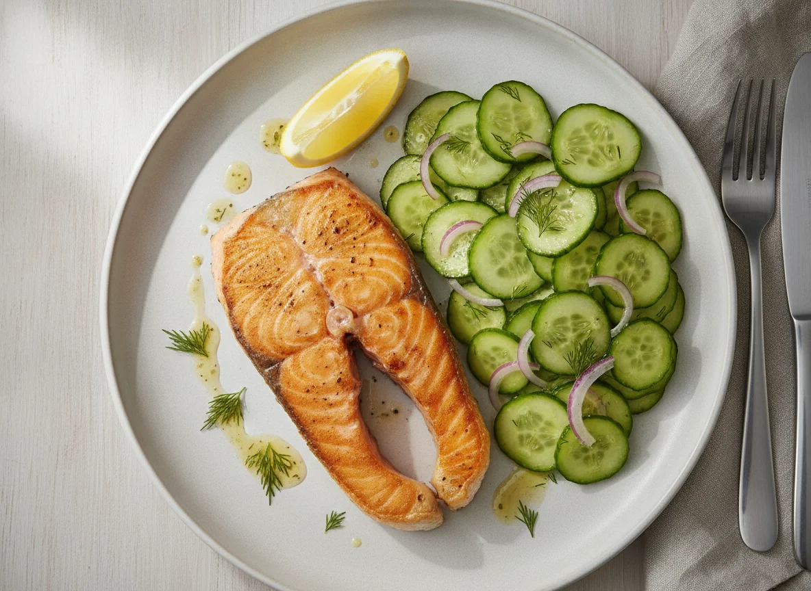 Gebratenes Lachsfilet mit Gurkensalat photo