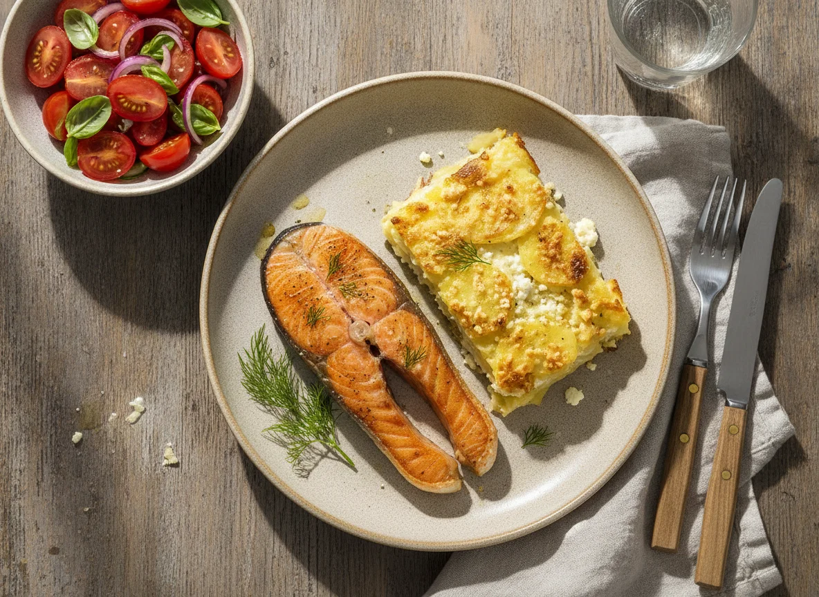 Gebratenes Lachsfilet mit Kartoffelgratin photo