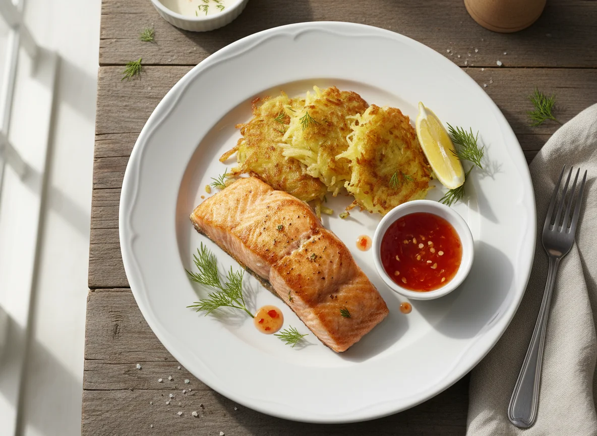 Gebratenes Lachsfilet mit Kartoffelpuffer und Sweet-Chili-Sauce photo