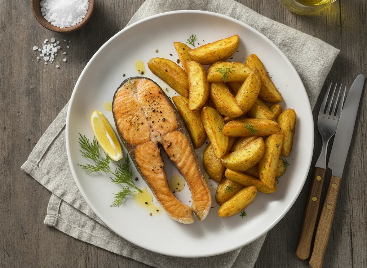 Gebratenes Lachsfilet mit Kartoffelspalten photo