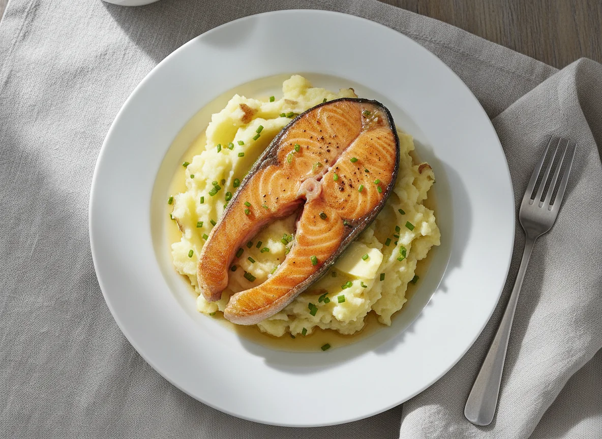 Gebratenes Lachsfilet mit Kartoffelstampf photo