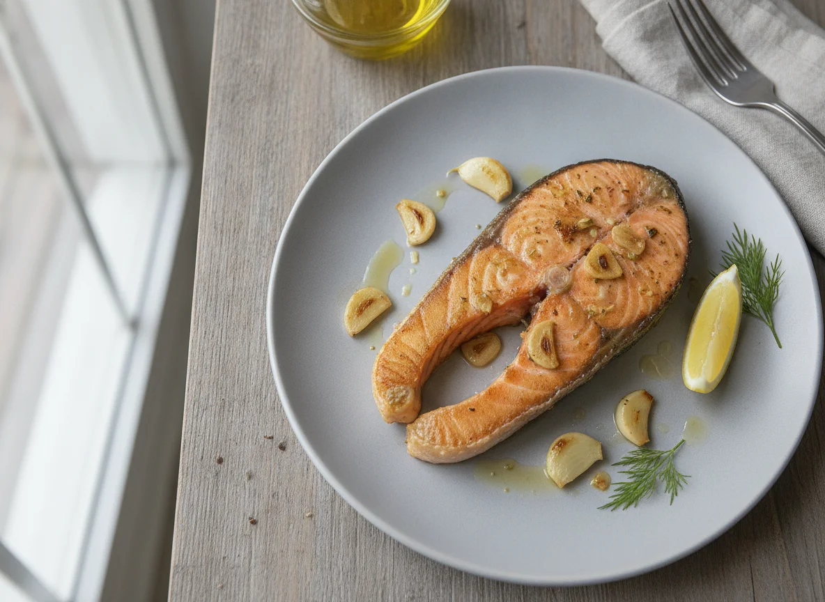 Gebratenes Lachsfilet mit Knoblauch photo