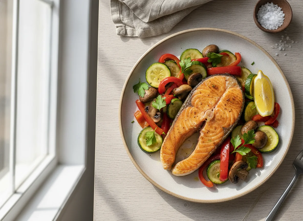 Gebratenes Lachsfilet mit mediterranem Pfannengemüse photo