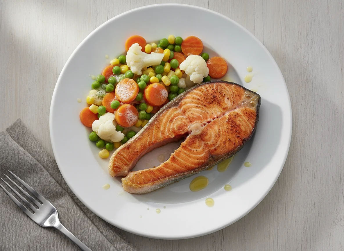 Gebratenes Lachsfilet mit Mischgemüse photo