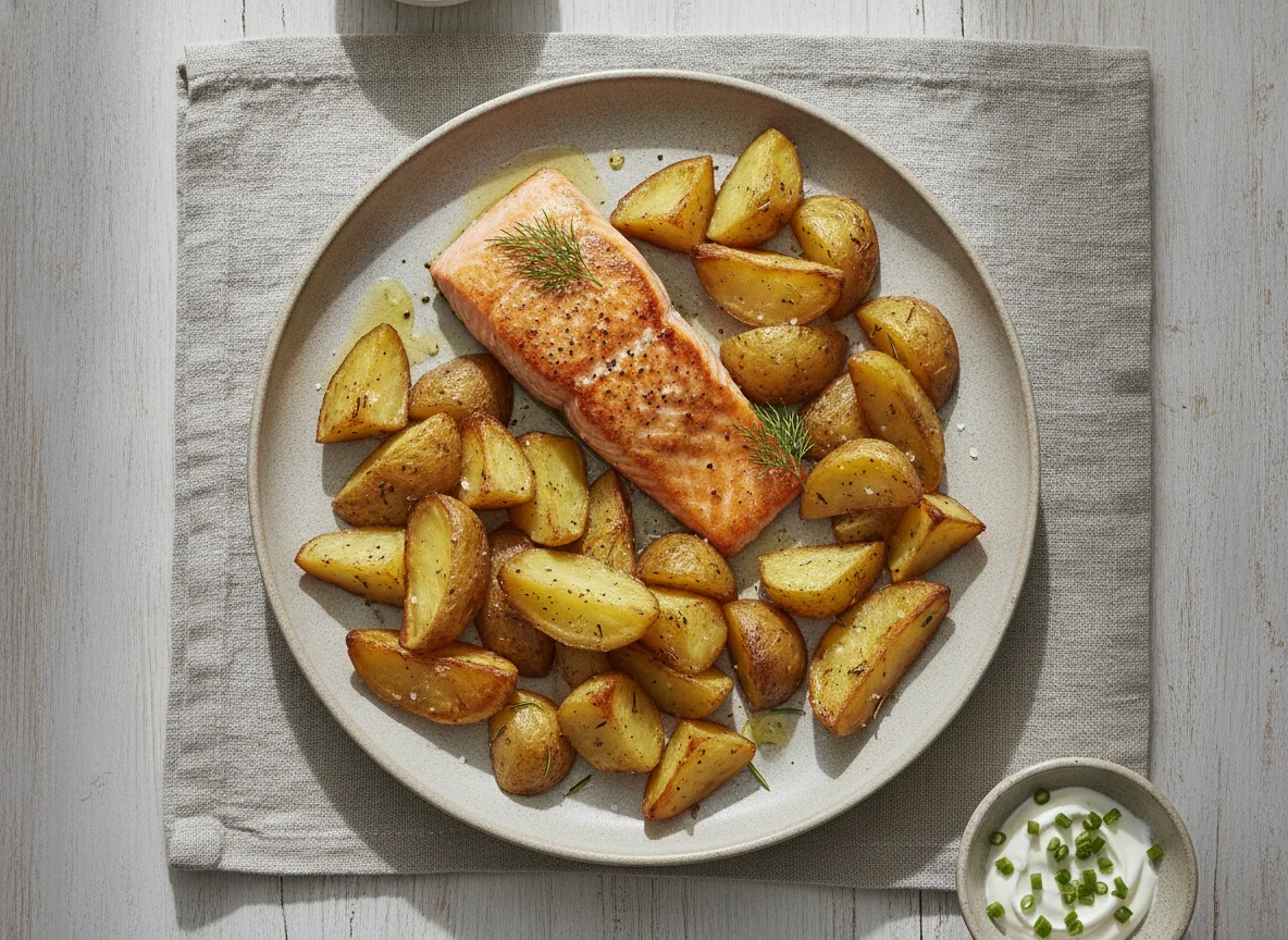 Gebratenes Lachsfilet mit Ofenkartoffeln photo