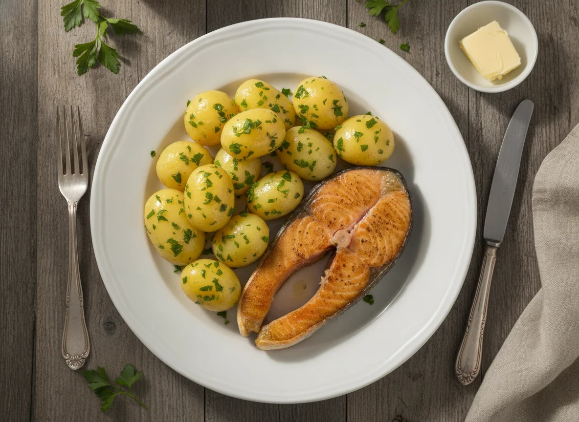 Gebratenes Lachsfilet mit Petersilienkartoffeln photo