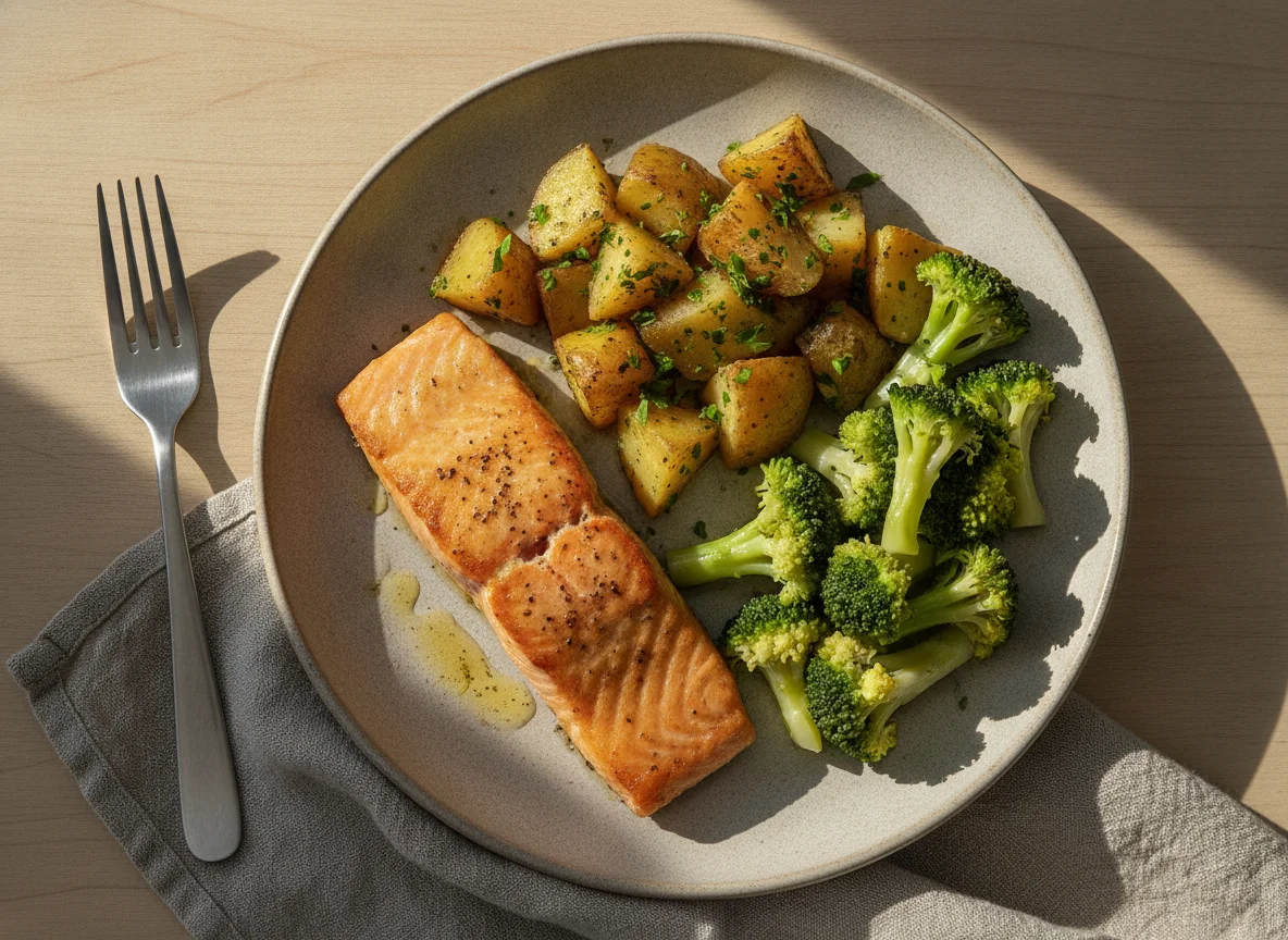 Gebratenes Lachsfilet mit Petersilienkartoffeln und Brokkoli photo