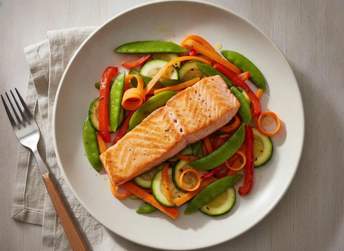 Gebratenes Lachsfilet mit Pfannengemüse photo