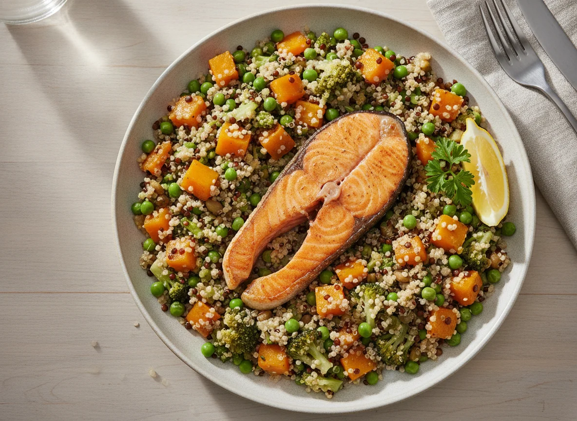 Gebratenes Lachsfilet mit Quinoa-Gemüse-Salat photo