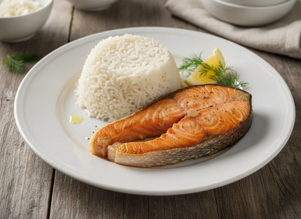 Gebratenes Lachsfilet mit Reis photo