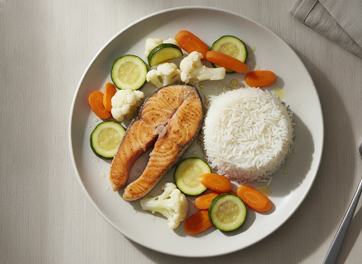Gebratenes Lachsfilet mit Reis und gedünstetem Gemüse photo