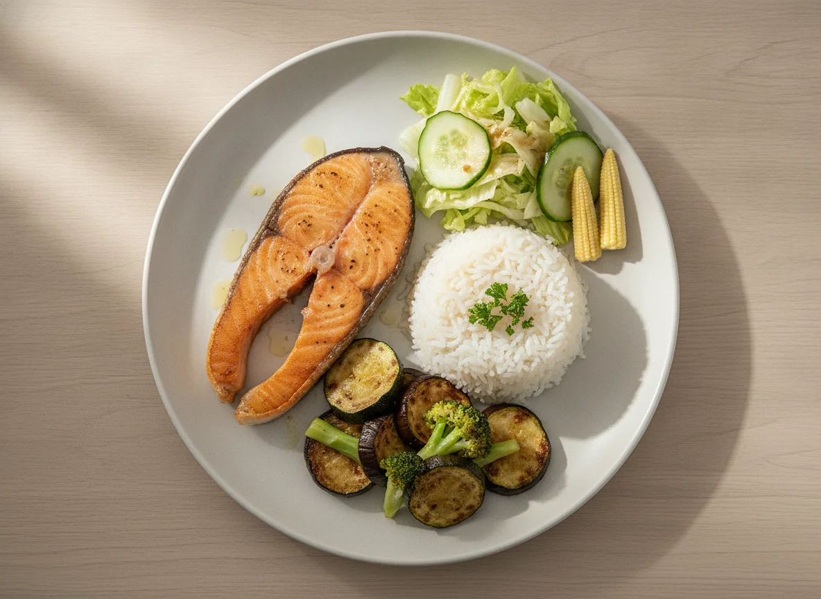 Gebratenes Lachsfilet mit Reis und Gemüse photo
