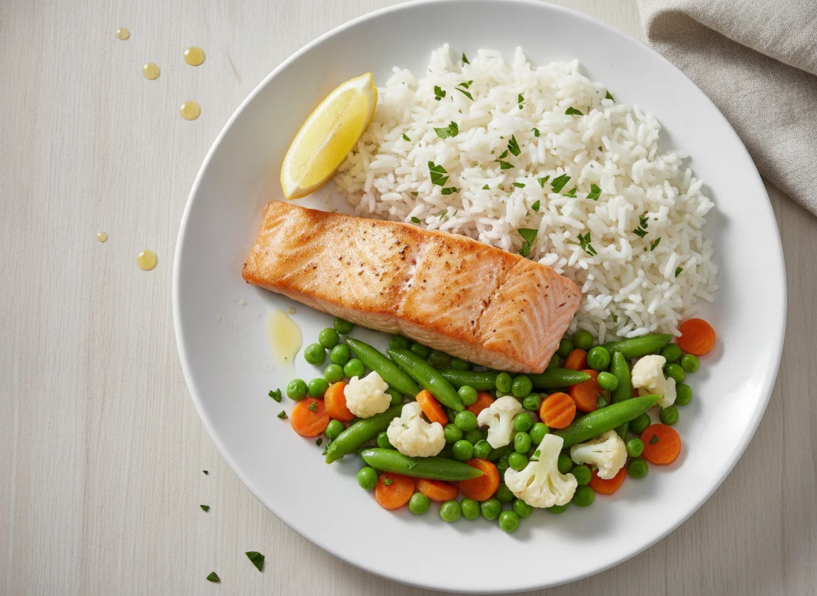 Gebratenes Lachsfilet mit Reis und Mischgemüse photo