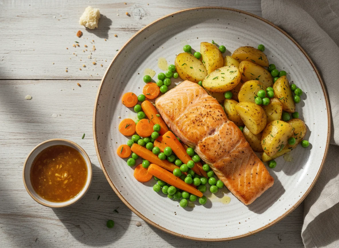 Gebratenes Lachsfilet mit Röstkartoffeln, Erbsen und Karotten photo