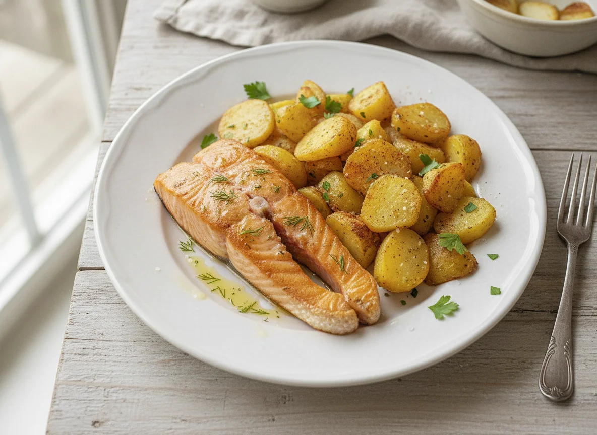 Gebratenes Lachsfilet mit Röstkartoffeln photo