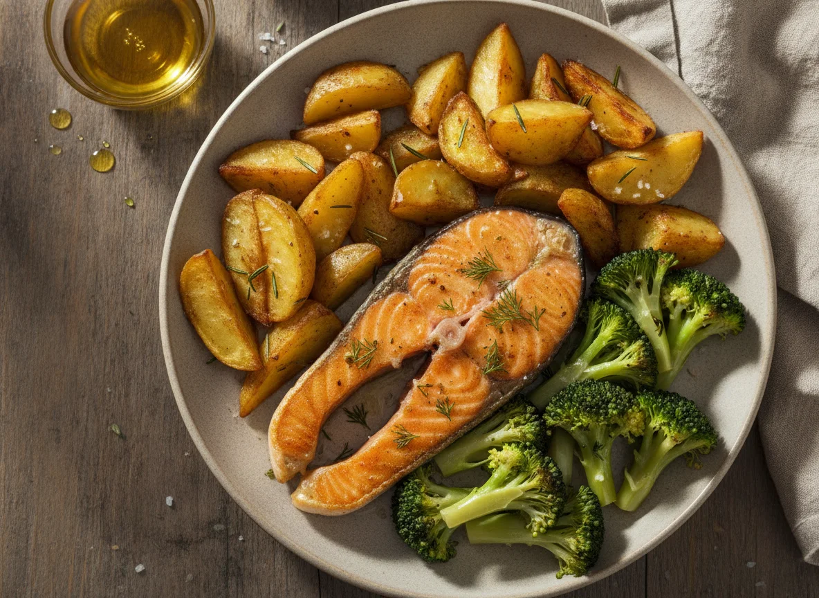 Gebratenes Lachsfilet mit Röstkartoffeln und Brokkoli photo