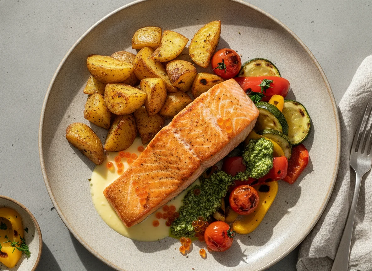 Gebratenes Lachsfilet mit Röstkartoffeln und Grillgemüse photo