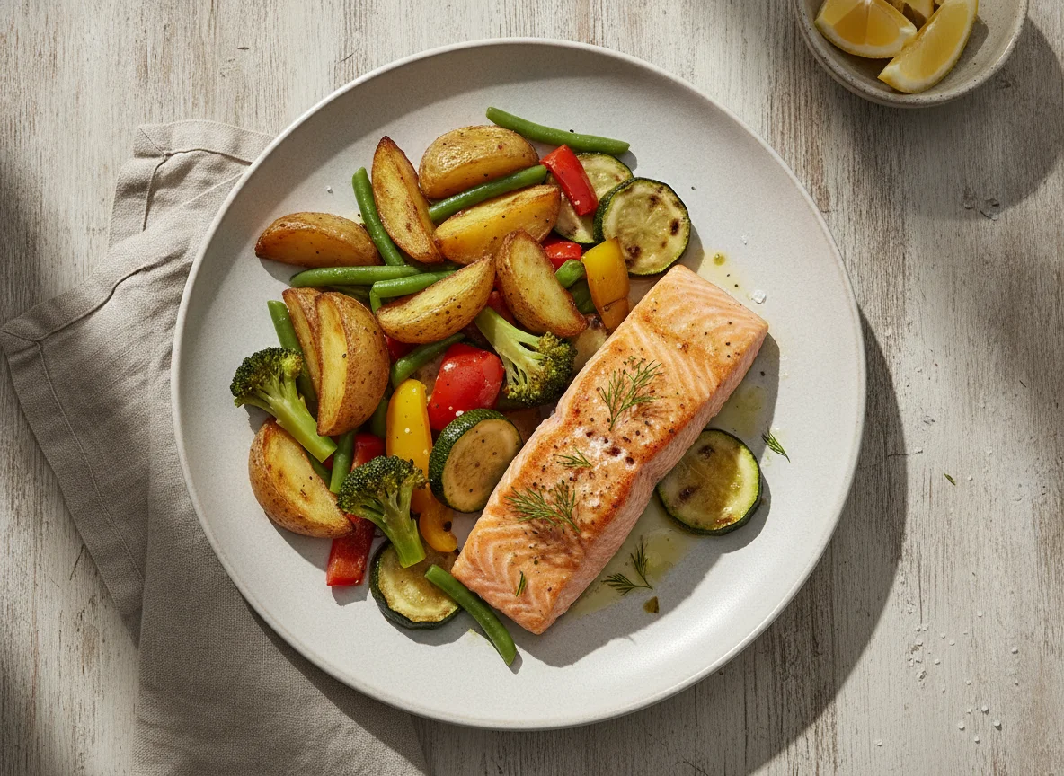 Gebratenes Lachsfilet mit Röstkartoffeln und mediterranem Gemüse photo