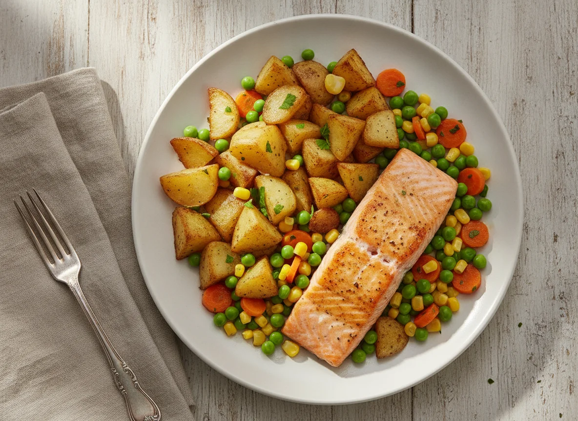 Gebratenes Lachsfilet mit Röstkartoffeln und Mischgemüse photo