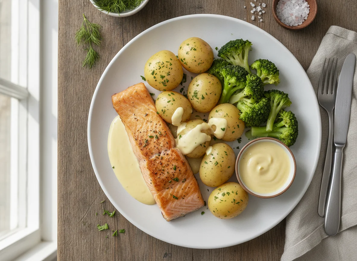 Gebratenes Lachsfilet mit Salzkartoffeln, Brokkoli und Sauce Hollandaise photo