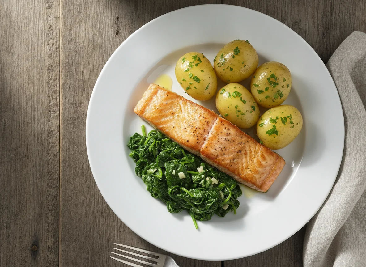 Gebratenes Lachsfilet mit Salzkartoffeln und Blattspinat photo