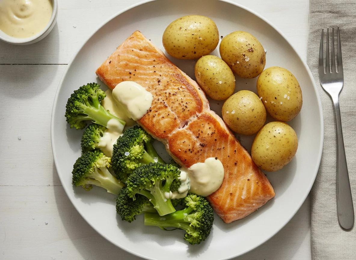 Gebratenes Lachsfilet mit Salzkartoffeln und Brokkoli photo