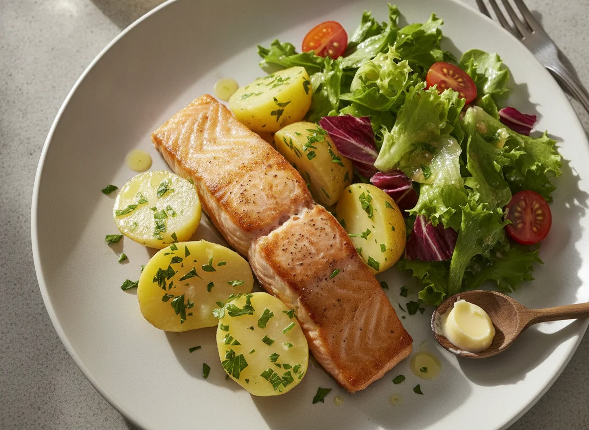 Gebratenes Lachsfilet mit Salzkartoffeln und gemischtem Salat photo