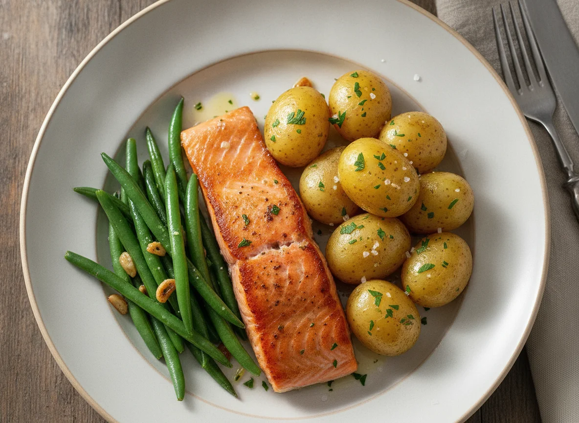 Gebratenes Lachsfilet mit Salzkartoffeln und grünen Bohnen photo