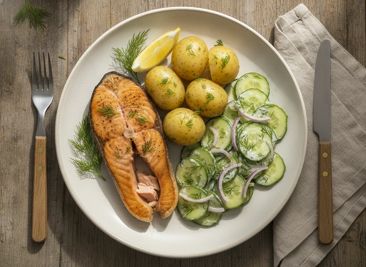 Gebratenes Lachsfilet mit Salzkartoffeln und Gurkensalat photo