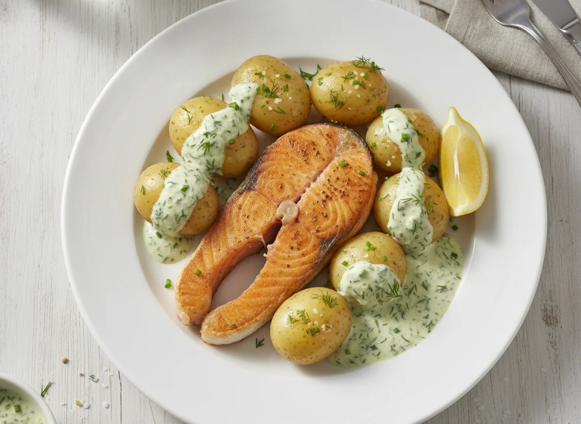 Gebratenes Lachsfilet mit Salzkartoffeln und Kräutersauce photo